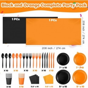 مجموعة أدوات مائدة كاملة لحفلات الهالوين وأعياد الميلاد من Sieral مكونة من 142 قطعة من الأطباق الورقية والمناديل باللونين الأسود والبرتقالي وأكواب بلاستيكية سعة 9 أونصات وشوك وسكاكين وملاعق