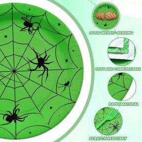 96 قطعة من أدوات المائدة على شكل شبكة عنكبوت الهالوين - مجموعة أدوات مائدة للاستعمال مرة واحدة مع أطباق ورقية ومناديل وشوك لحفلات الهالوين المخيفة وديكورات أعياد الميلاد - تكفي 24 شخصًا (أخضر)