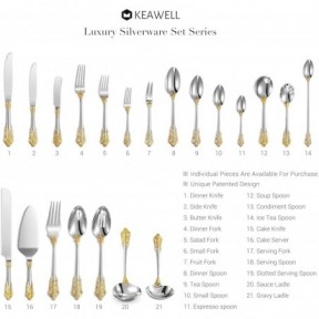 طقم أدوات مائدة فاخر من الفولاذ المقاوم للصدأ 18/10 من KEAWELL مكون من 20 قطعة، خدمة لأربعة أشخاص، مطلي بالفضة مع لمسات ذهبية، طقم أدوات مائدة فاخر وآمن للغسل في غسالة الأطباق (لمسات ذهبية)