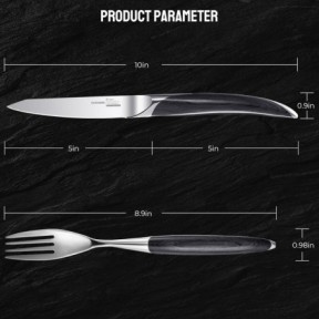 طقم سكاكين شرائح اللحم وشوك العشاء من OAKSWARE مكون من 8 قطع، أدوات مائدة من الفولاذ المقاوم للصدأ الألماني، مجموعة أدوات مائدة مسطحة للمطبخ، مصقولة بالمرآة، مقبض خشبي كامل، مقاوم للصدأ وسهل الصيانة، أسود