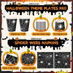 مجموعة أدوات مائدة للاستخدام مرة واحدة على شكل قطة سوداء وقرع وشبح ومصاص دماء لتزيين حفلات الهالوين مكونة من 120 قطعة، بما في ذلك أطباق العشاء وأطباق الحلوى وأكواب ورقية على شكل شبكة عنكبوت ومناديل
