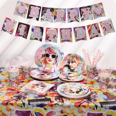 162CT Singer Girl Birthday Party Supplies Tablewares, Popular Music Singer Design HAPPY BIRTHDAY Banner Plate Tablecloth Cup Napkin Staining Spoon Stake Knife For Fans Party Decorations for 20 Guests