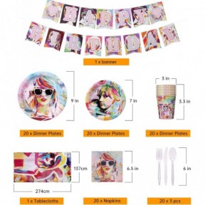 162CT Singer Girl Birthday Party Supplies Tablewares, Popular Music Singer Design HAPPY BIRTHDAY Banner Plate Tablecloth Cup Napkin Staining Spoon Stake Knife For Fans Party Decorations for 20 Guests