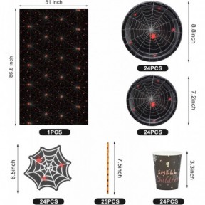 مجموعة أدوات مائدة لحفلات الهالوين مكونة من 122 قطعة على شكل شبكة عنكبوت - تكفي 24 شخصًا - تتضمن أطباق الحلوى والأكواب والمناديل ومفرش المائدة والقش وأدوات العشاء السوداء التي تستخدم لمرة واحدة لحفلات الهالوين