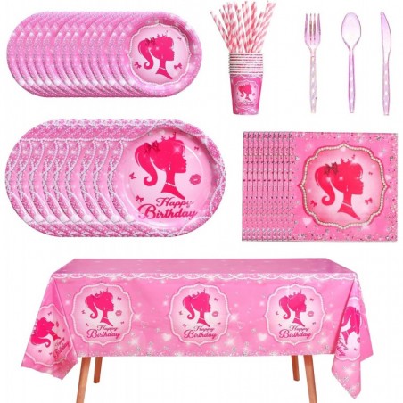 161CT Pink Girl Babe Happy Birthday Party Supplies Babe Head Paper Plates Cups Straw Napkins Spoon Fork Knife Tablecloth Hot Pink Girl Party Decorations Tableware for 20 Guestly for Bday Baby Shower