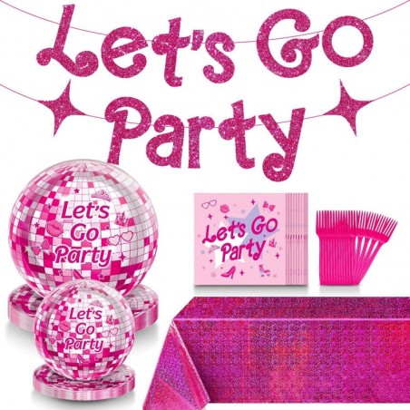 مجموعة أدوات المائدة لحفلات الأميرة الوردية من Let's Go Party Decorations تتضمن لافتة حفل Let's Go Party ومفارش طاولة الأميرة الوردية وأطباق ومناديل الأميرة الوردية لـ 24 ضيفًا وديكورات حفل الأميرة الوردية