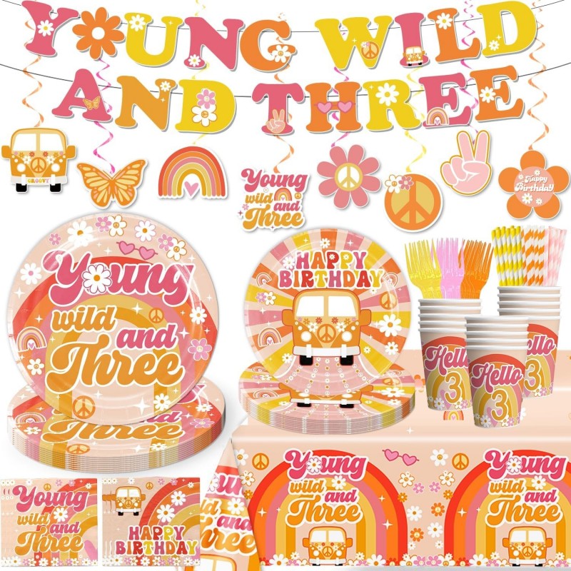 مجموعة أدوات مائدة مكونة من 138 قطعة من Young Wild and Three Party Decorations، مناديل مائدة بثلاث أطباق من Young Wild and Three Party Decorations لافتة لفتاة Young Wild and Three Party Decorations