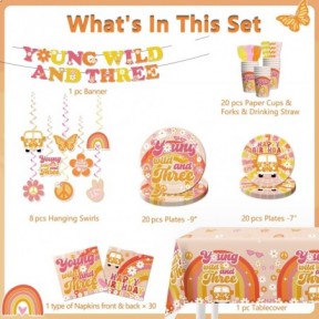 مجموعة أدوات مائدة مكونة من 138 قطعة من Young Wild and Three Party Decorations، مناديل مائدة بثلاث أطباق من Young Wild and Three Party Decorations لافتة لفتاة Young Wild and Three Party Decorations