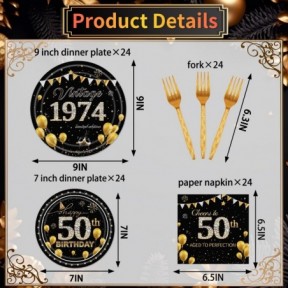 مجموعة أدوات مائدة لحفلة الخمسين - 96 قطعة باللون الأسود والذهبي لعام 1974 لوازم زينة عيد الميلاد الخمسين، أطباق ورقية، مناديل، شوكة، لوازم ديكور حفل عيد الميلاد الخمسين العتيقة للرجال