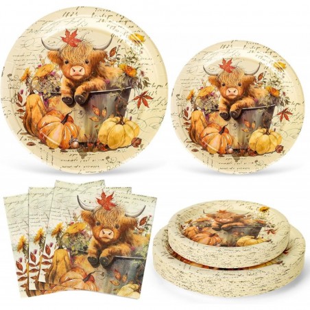 مجموعة أدوات مائدة مكونة من 72 قطعة لحفلات الخريف من Highland Cow Pumpkin Party Supplies أطباق ومناديل ورقية للاستخدام مرة واحدة تكفي 24 ضيفًا في عيد الشكر والحصاد وأعياد الميلاد