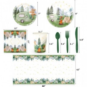 أدوات مائدة حفلات التخييم تكفي 20 ضيفًا - أطباق وأكواب ومناديل وغطاء طاولة ومجموعة أدوات مائدة - هدايا خضراء لمغامرات الغابة للأطفال للأولاد والبنات وأفكار تزيين الحفلات